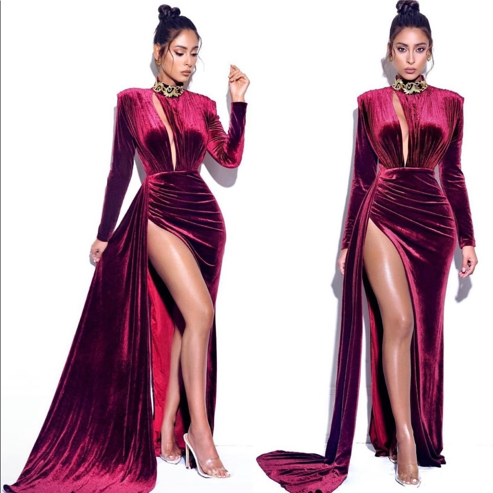 Burgundy Miss Curls Cutout High Slit Velvet Gown